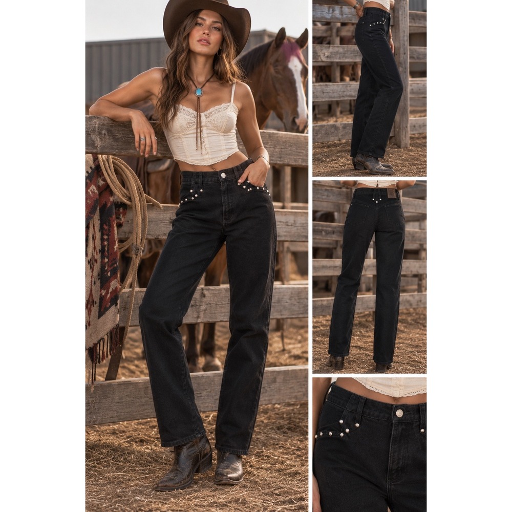 Rockies Western Jeans Women 13/14 Black Studded Star High Rise Vintage 90s